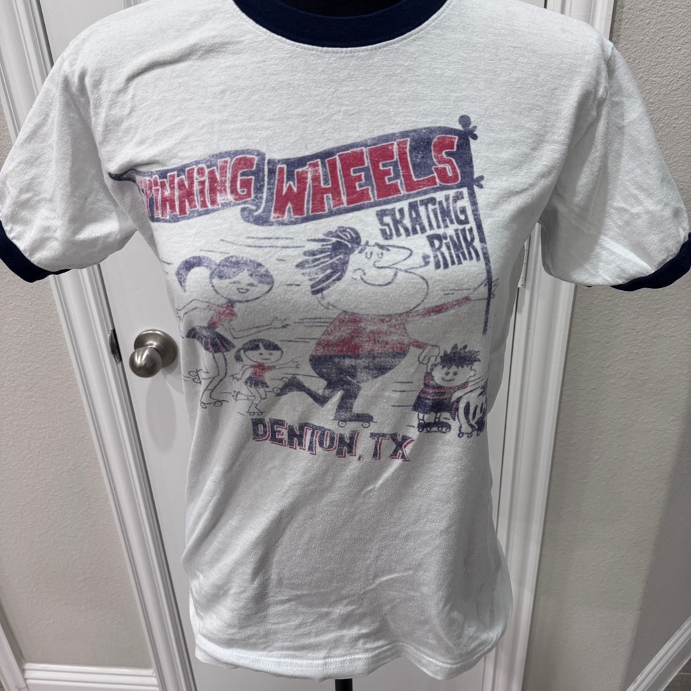 White Graphic Spinning Wheels Denton Ringer Tee